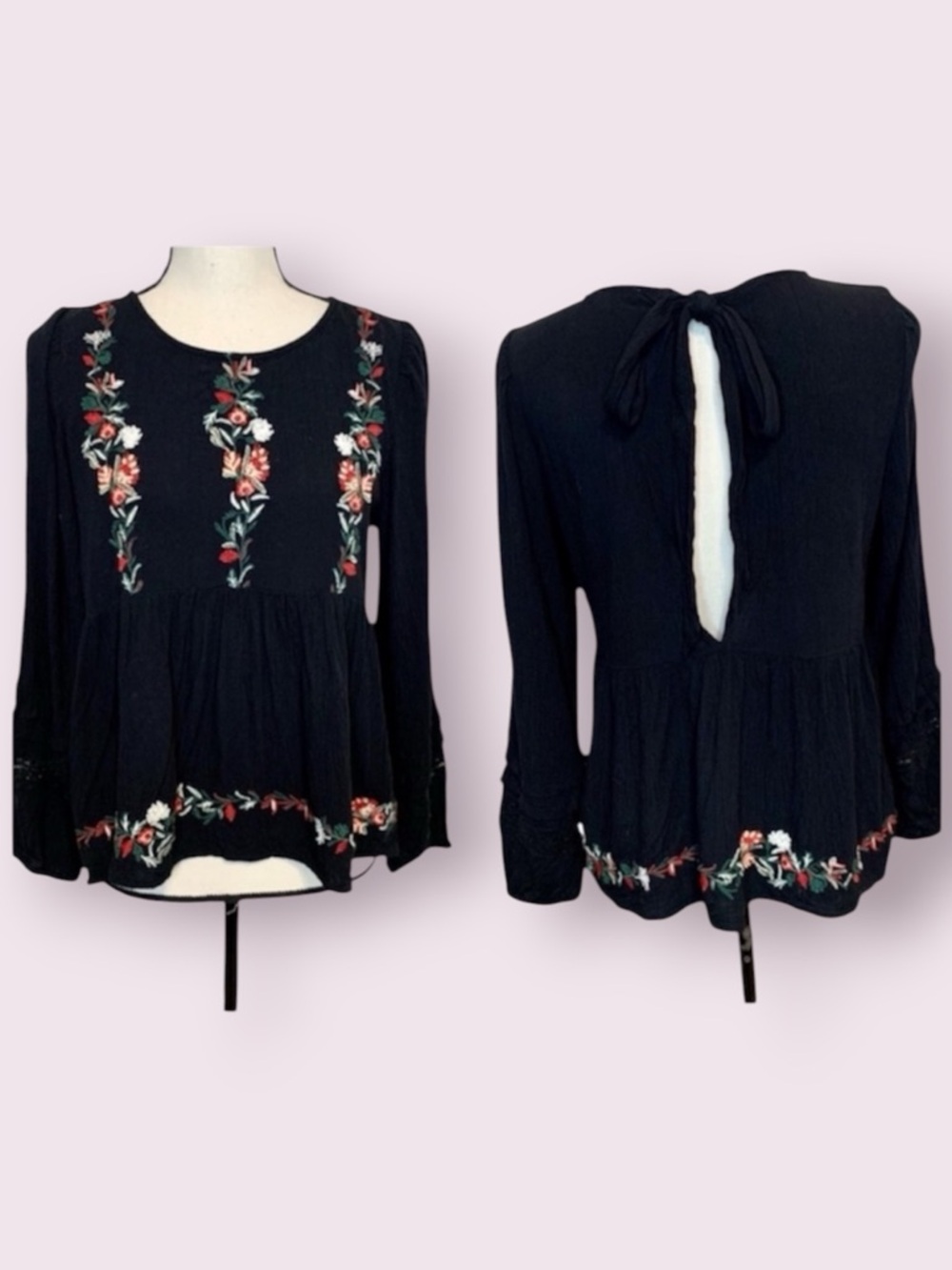 American Eagle Outfitters Babydoll Embroidered Top Boho Floral Gauzy Black Small